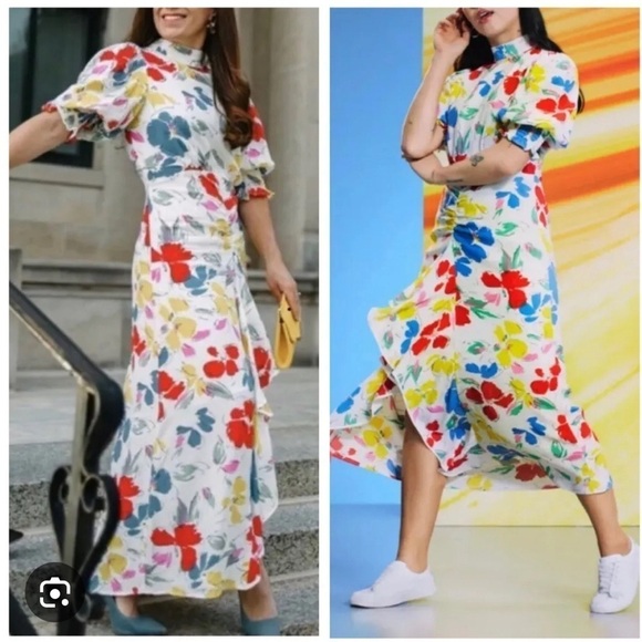 RIXO Floral Maxi Dress Mock Neck Cascade Ruffle Split - Picture 5 of 12